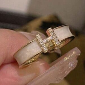 Luxurious Enamel & Rhinestone H Letter Ring, Geometric Open Adjustable